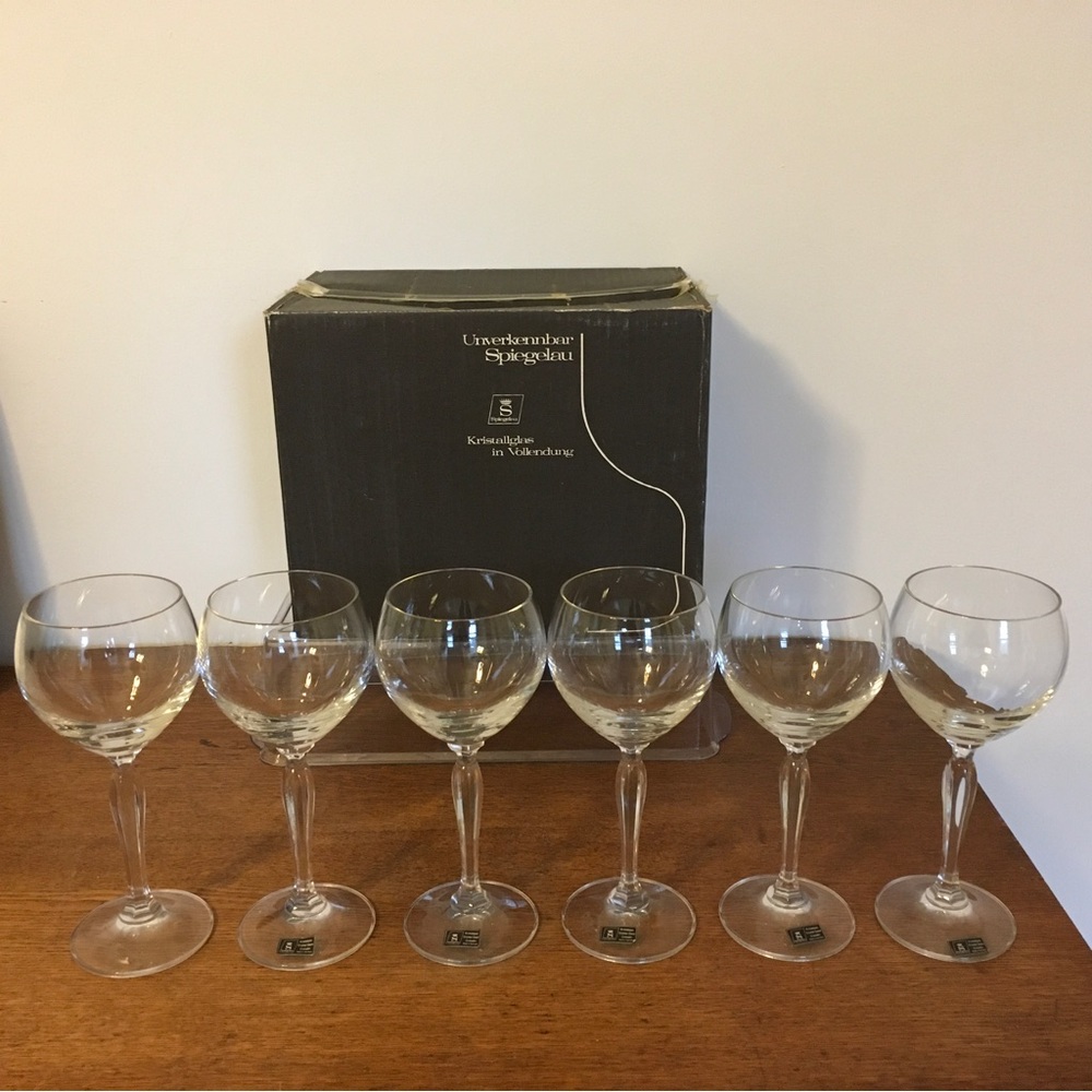 80's Spiegelau Faceted Crystal Stemware Wine Glasses Set of 6 in box & Stopper